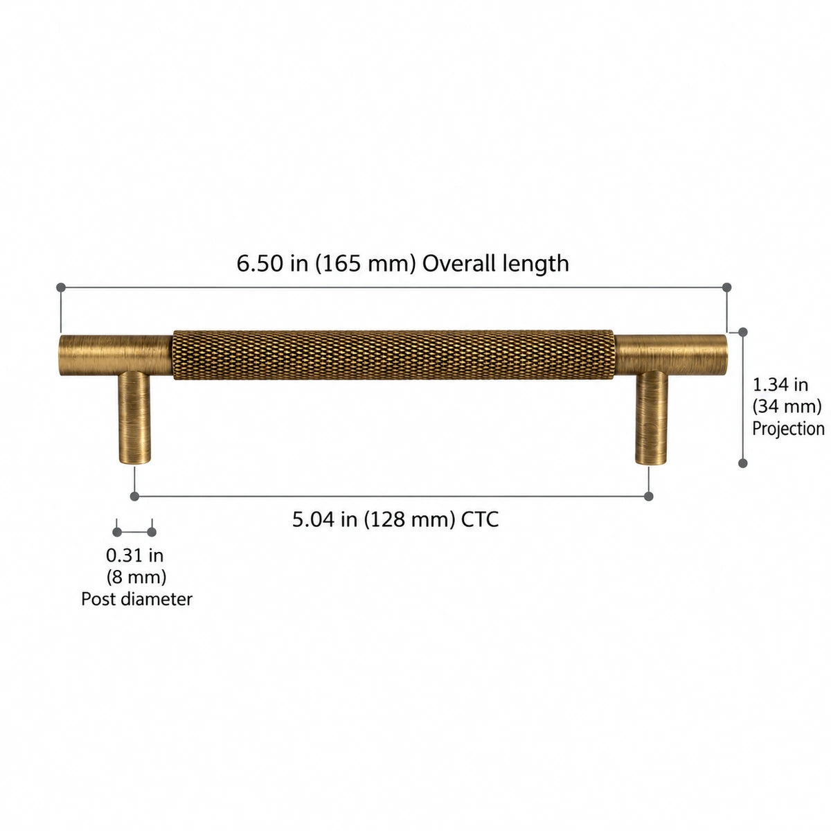 Knurled Pull — 5.04″ (128 mm) CTC — overall 6.50″ (165 mm), projection 1.34″ (34 mm), base or post diameter 0.31″ (8 mm)