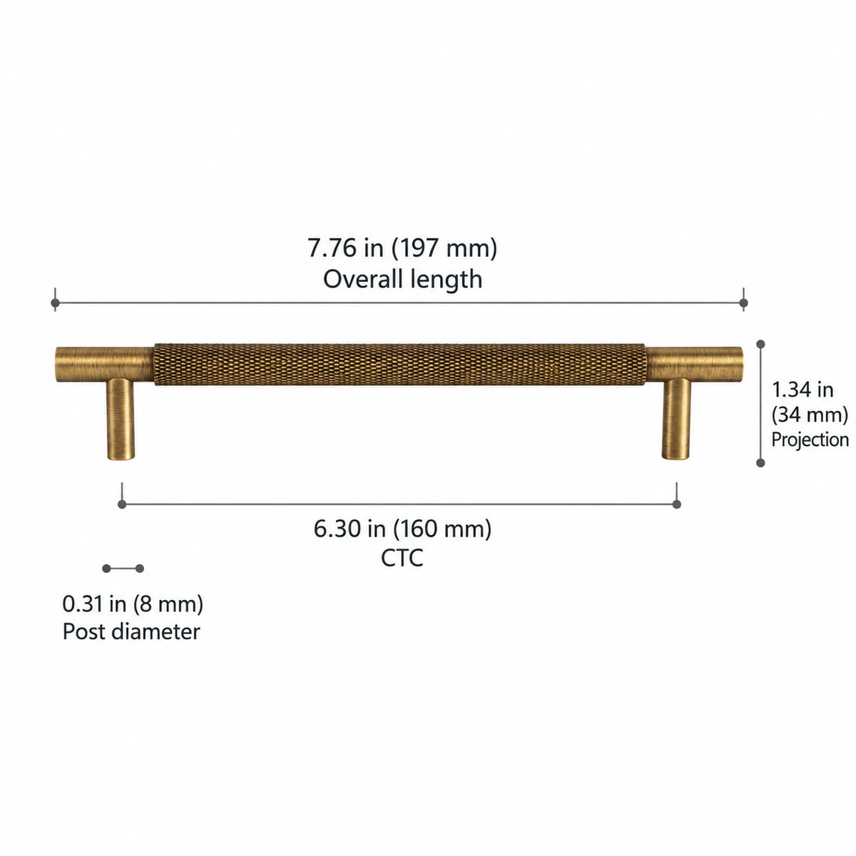 Knurled Pull — 6.30″ (160 mm) CTC — overall 7.76″ (197 mm), projection 1.34″ (34 mm), base or post diameter 0.31″ (8 mm)