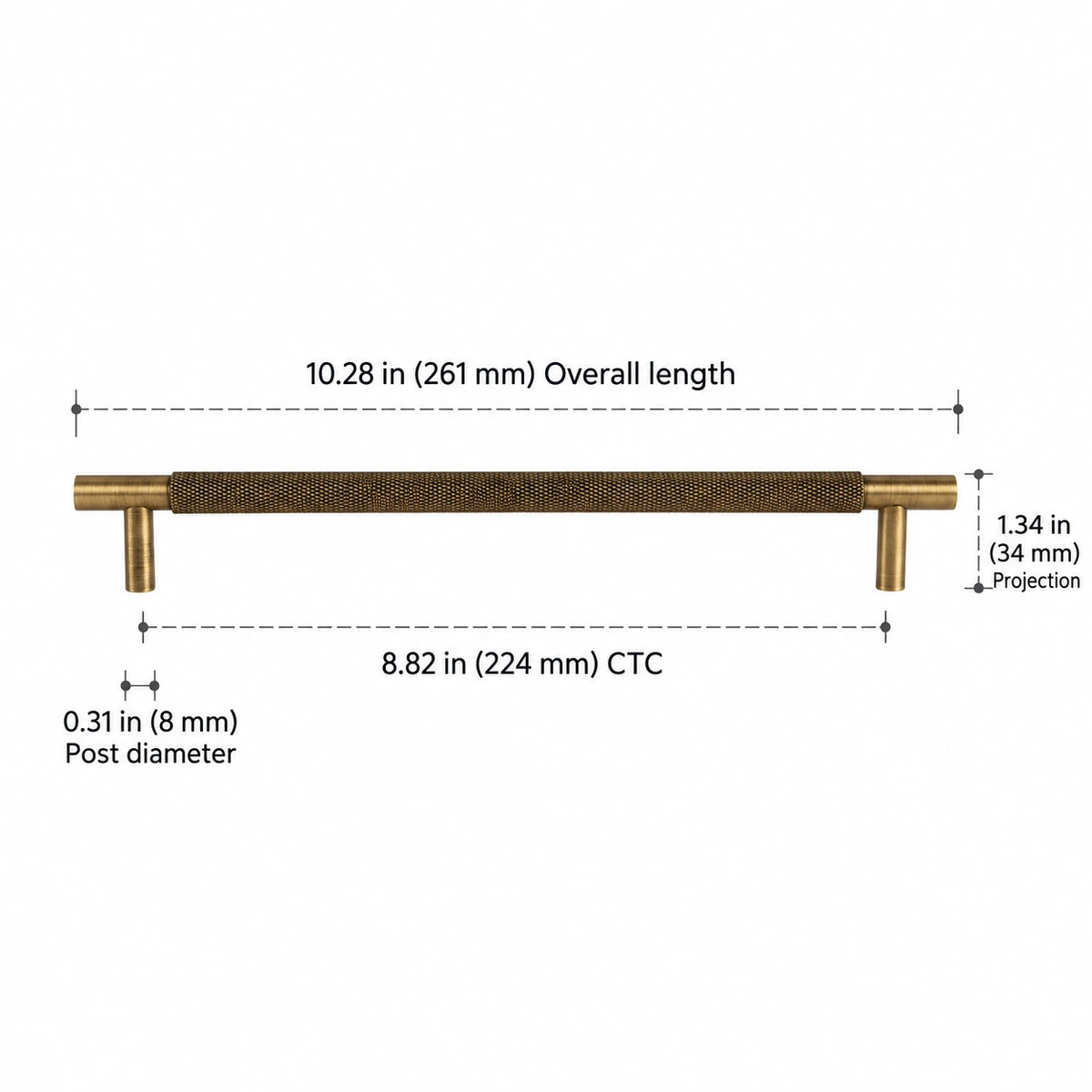 Knurled Pull — 8.82″ (224 mm) CTC — overall 10.28″ (261 mm), projection 1.34″ (34 mm), base or post diameter 0.31″ (8 mm)