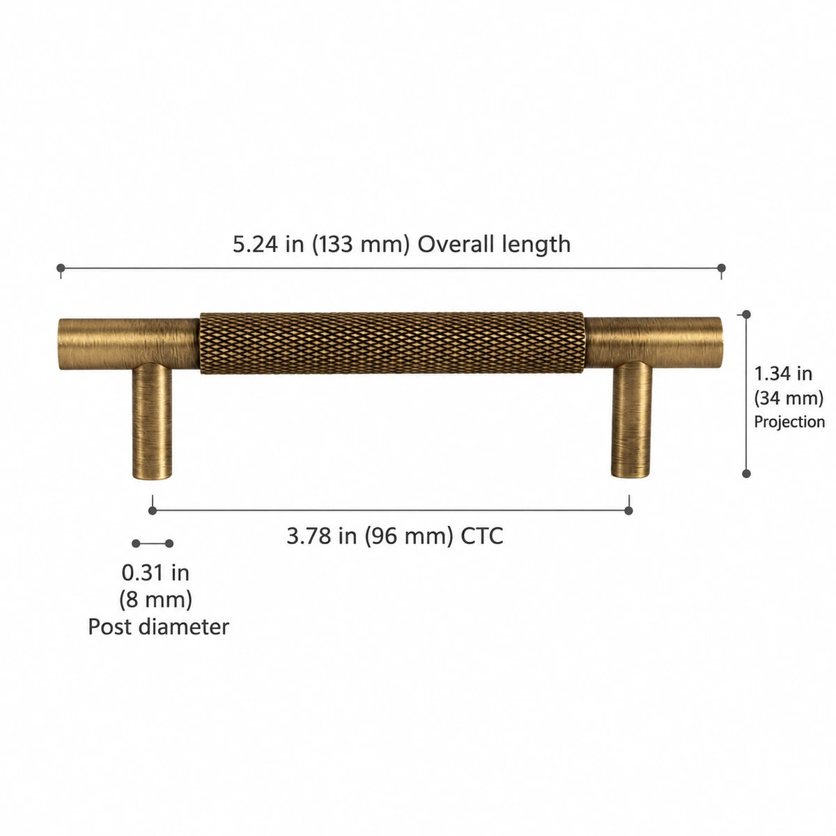 Knurled Pull — 3.78″ (96 mm) CTC — overall 5.24″ (133 mm), projection 1.34″ (34 mm), base or post diameter 0.31″ (8 mm)