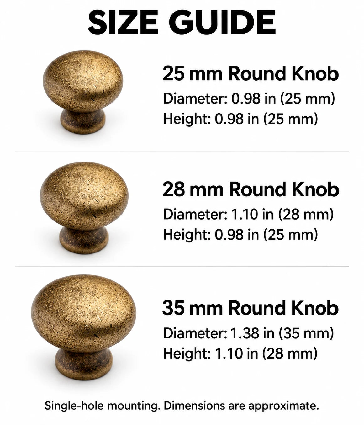 Distressed round cabinet knob diameters and heights in inches and mm