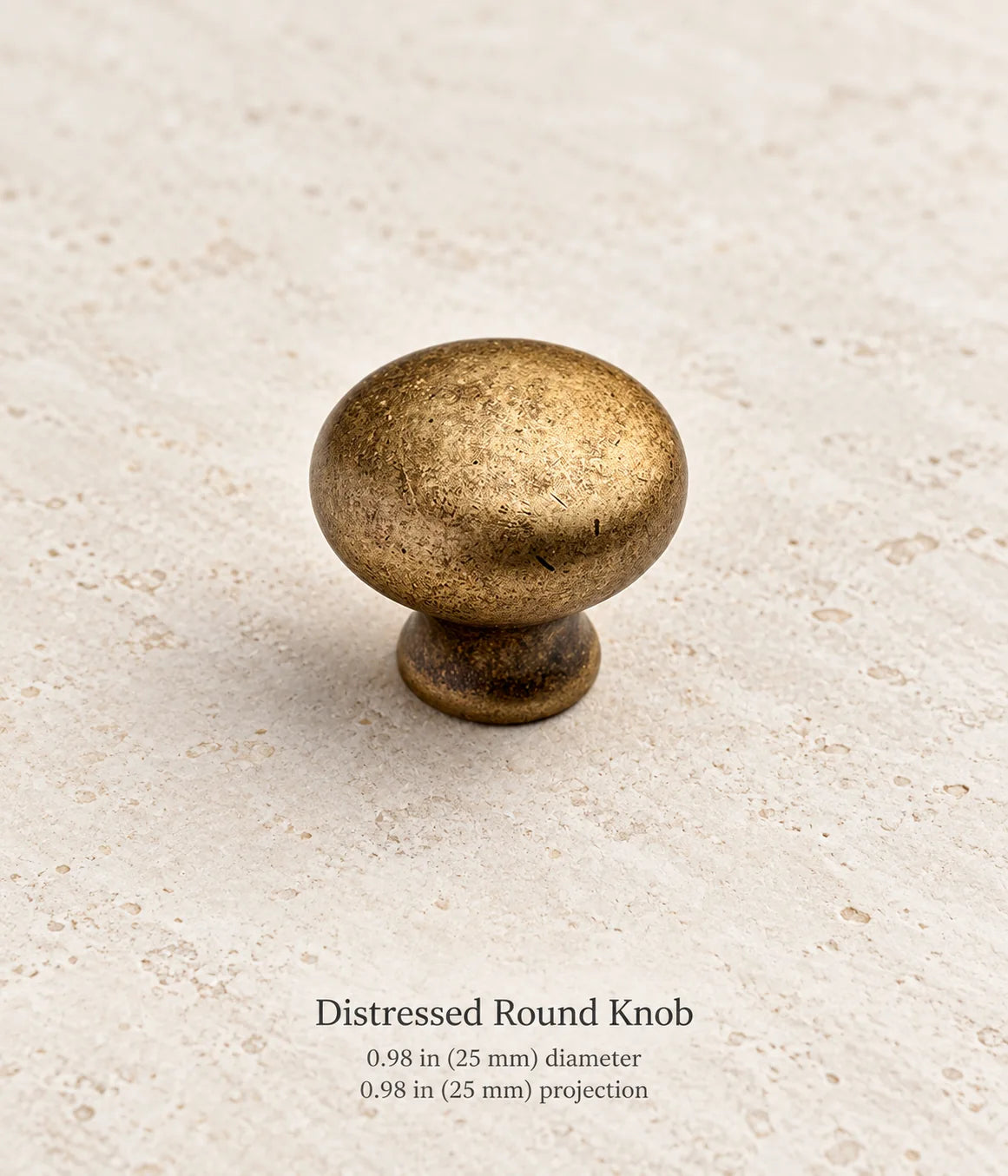 Distressed antique brass round cabinet knob, 0.98 in (25 mm) diameter, 0.98 in (25 mm) projection