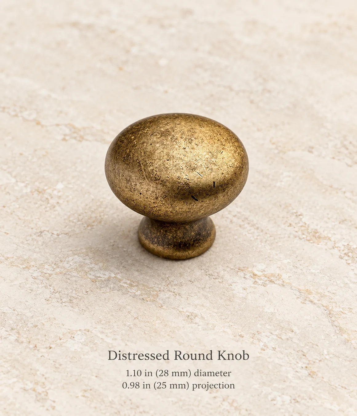 Distressed antique brass round cabinet knob, 1.10 in (28 mm) diameter, 0.98 in (25 mm) projection