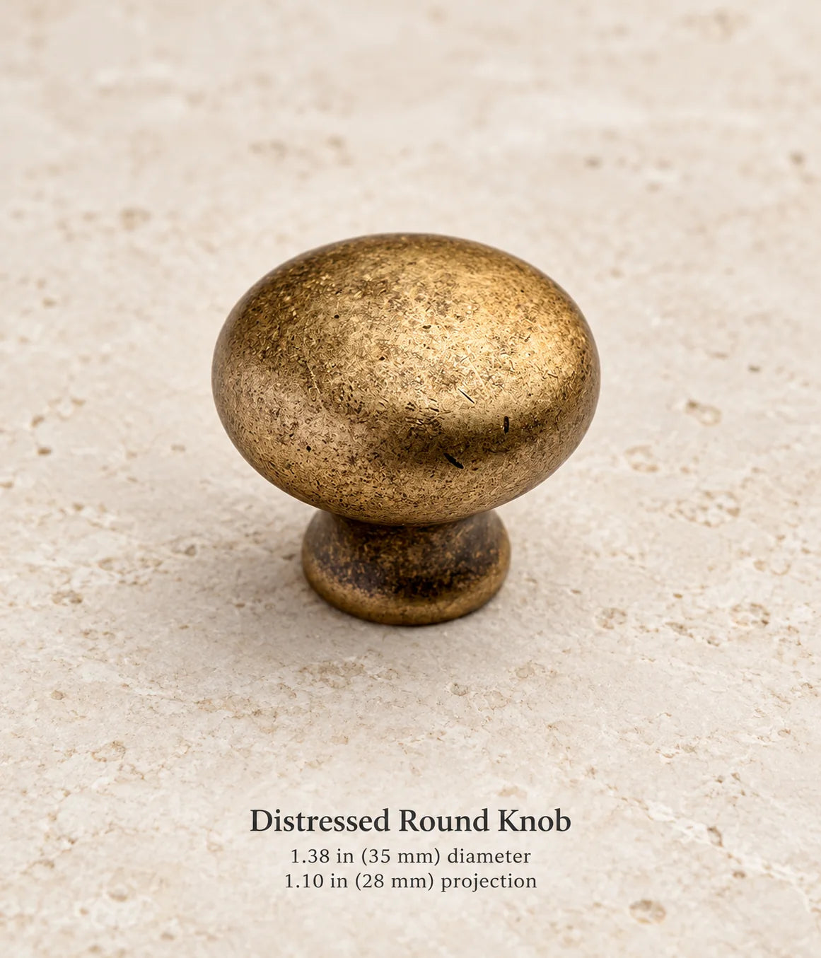 Distressed antique brass round cabinet knob, 1.38 in (35 mm) diameter, 1.10 in (28 mm) projection