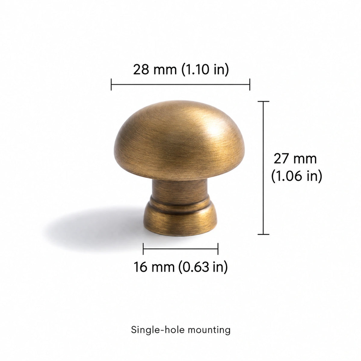 Mushroom cabinet knob dimensions: 28 mm head, 27 mm projection, 16 mm base, with inch conversions