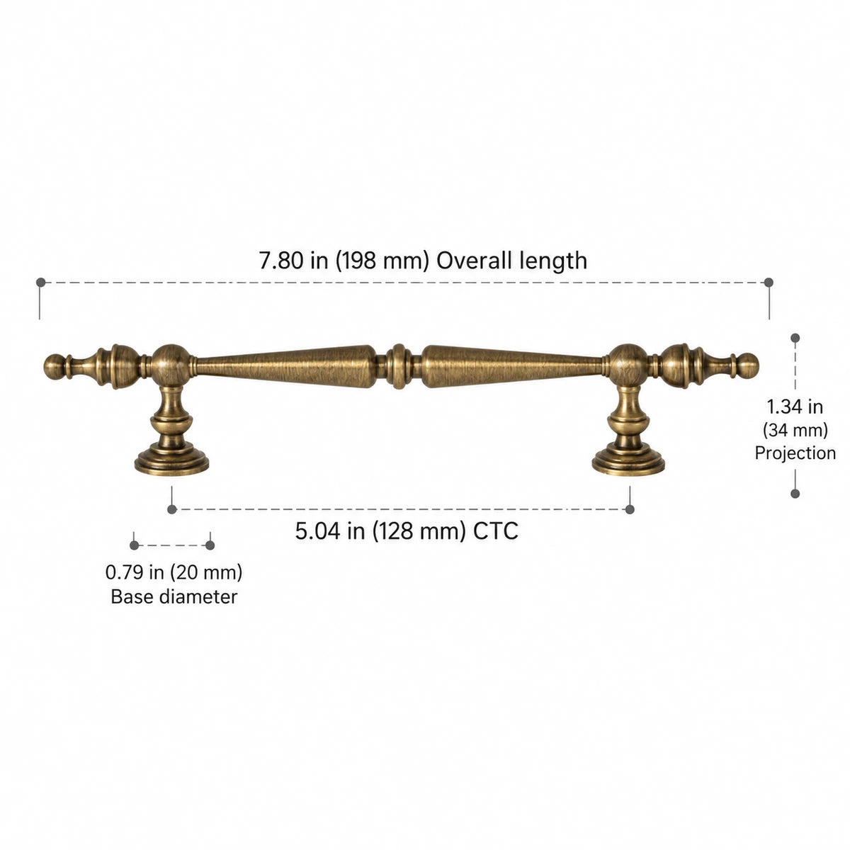 Double-spindle cabinet pull, 5.04 inch (128 mm) CTC, with length and projection dimensions