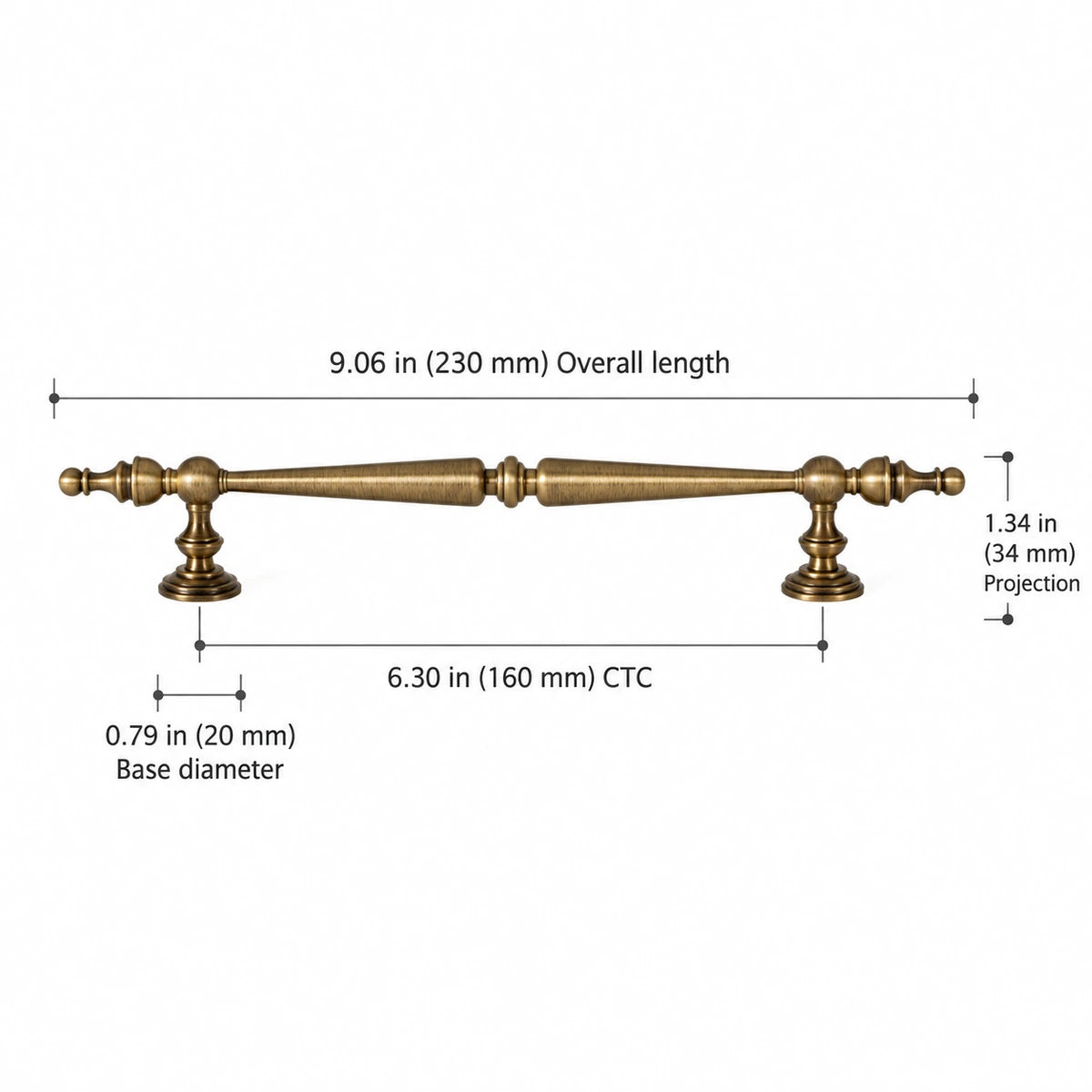 Double-spindle cabinet pull, 6.30 inch (160 mm) CTC, with length and projection dimensions