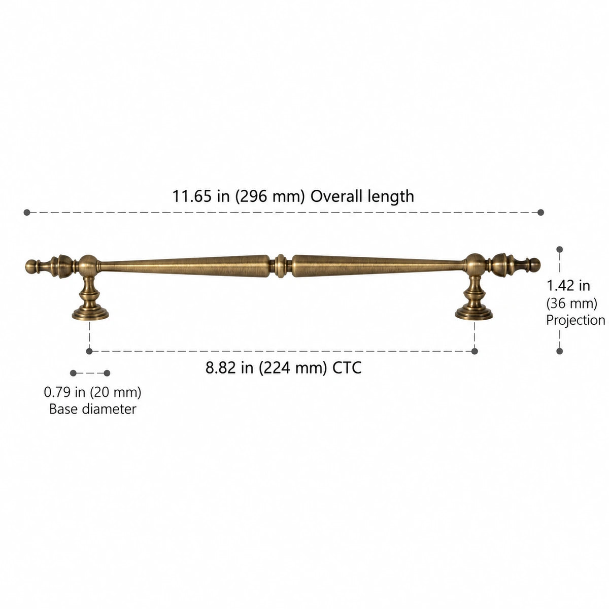 Double-spindle cabinet pull, 8.82 inch (224 mm) CTC, with length and projection dimensions