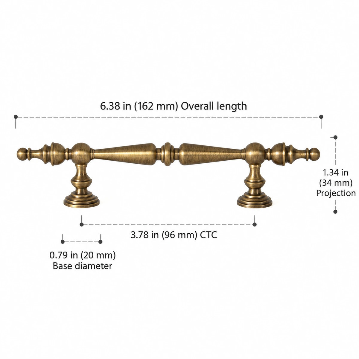 Double-spindle cabinet pull, 3.78 inch (96 mm) CTC, with length and projection dimensions