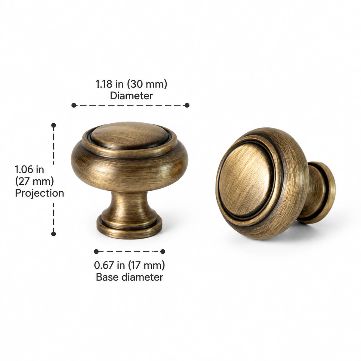 Round brass cabinet knob, 1.18 inch (30 mm) diameter, with projection and base dimensions