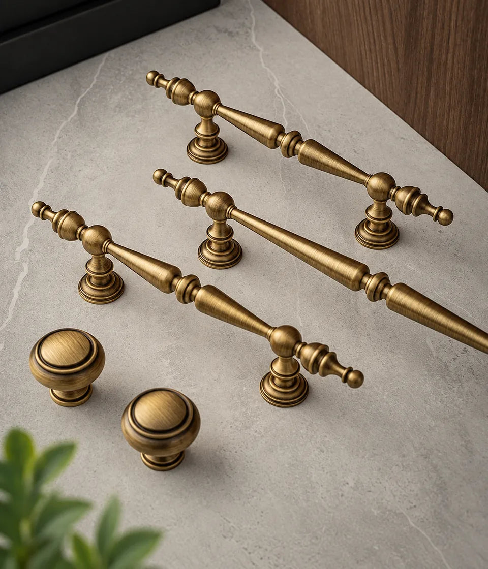 Double-spindle brass cabinet pulls and round bordered knobs arranged on gray stone