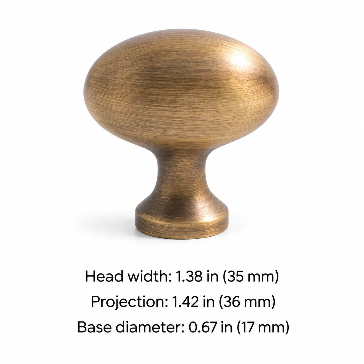 Egg cabinet knob dimensions: 1.38 in head width, 1.42 in projection and 0.67 in base diameter, with mm equivalents