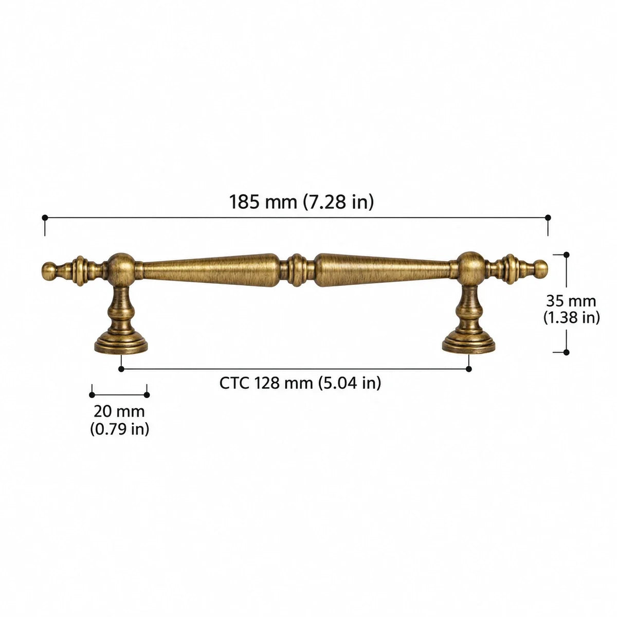 Finial Pull — 5.04″ (128 mm) CTC dimension chart in inches and mm