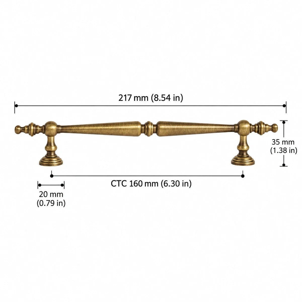 Finial Pull — 6.30″ (160 mm) CTC dimension chart in inches and mm