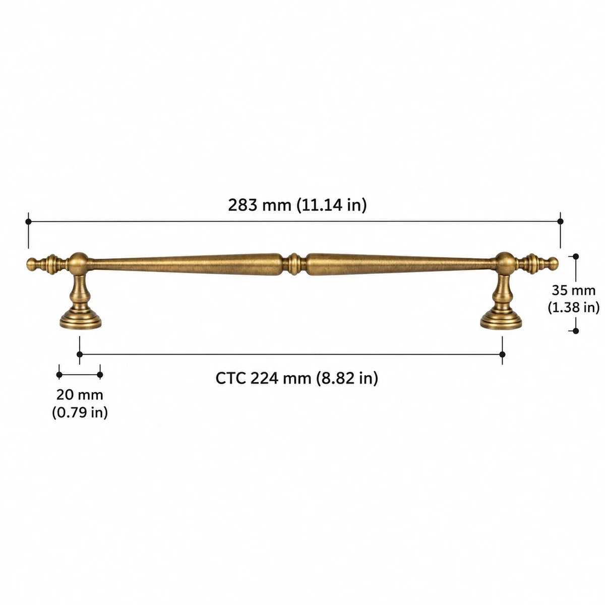 Finial Pull — 8.82″ (224 mm) CTC dimension chart in inches and mm