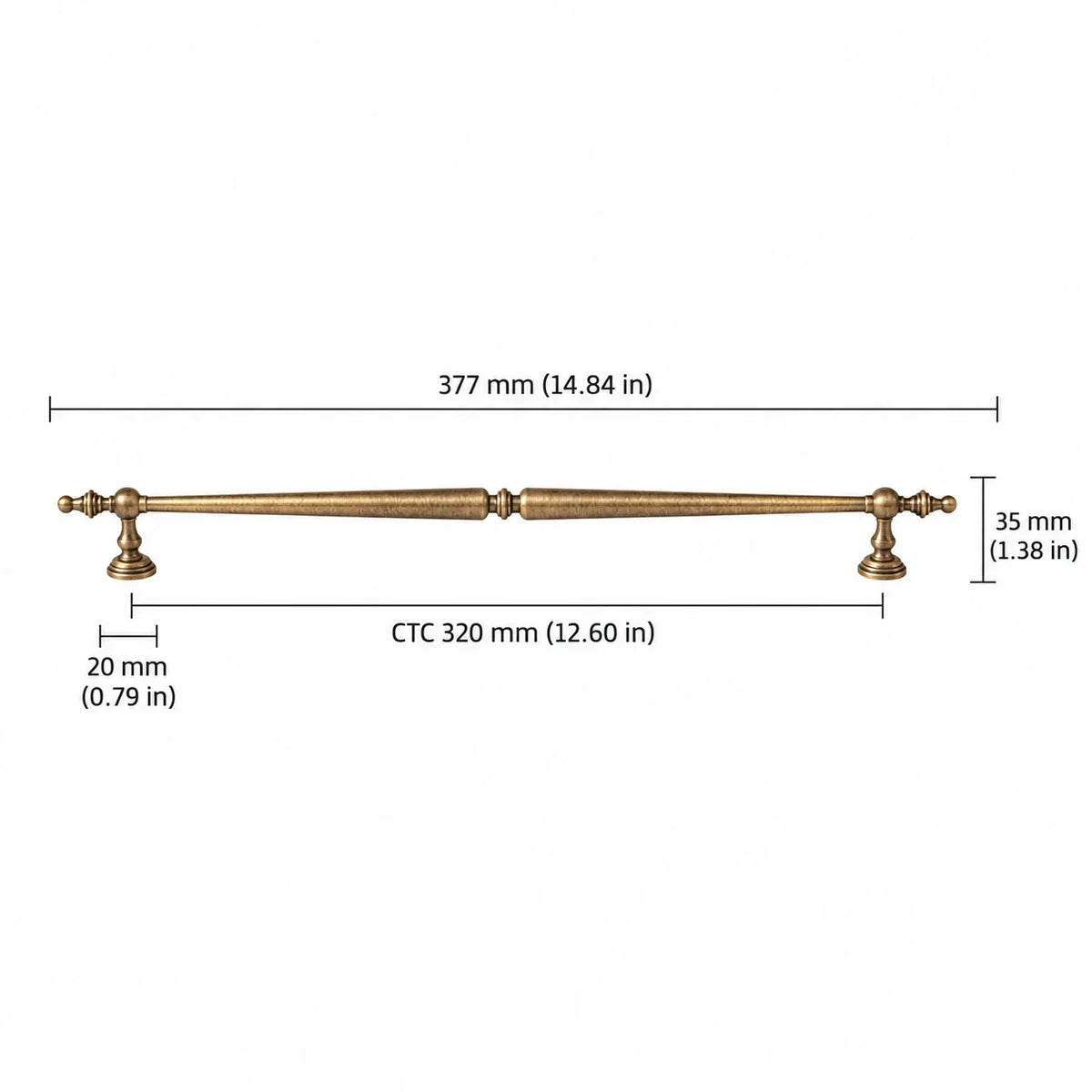 Finial Pull — 12.60″ (320 mm) CTC dimension chart in inches and mm