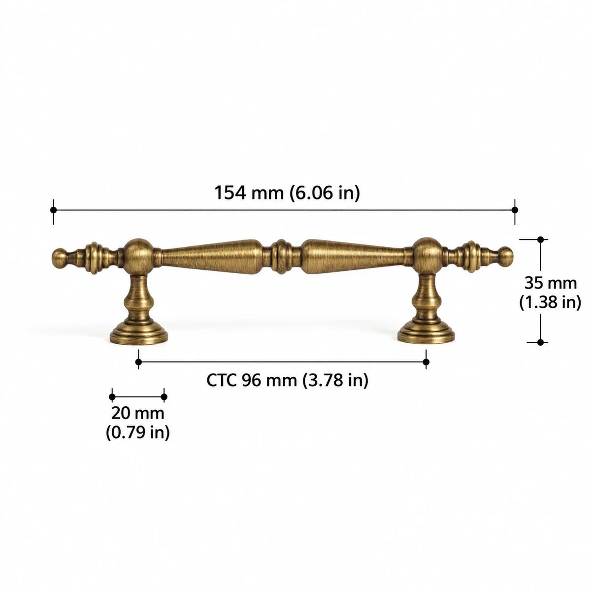 Finial Pull — 3.78″ (96 mm) CTC dimension chart in inches and mm