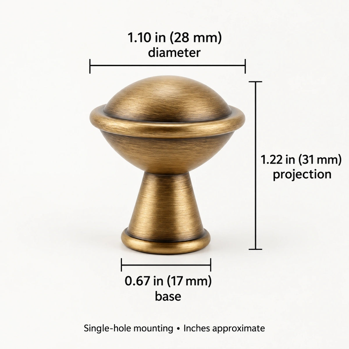 Round antique brass knob dimensions: 1.10 in (28 mm) diameter