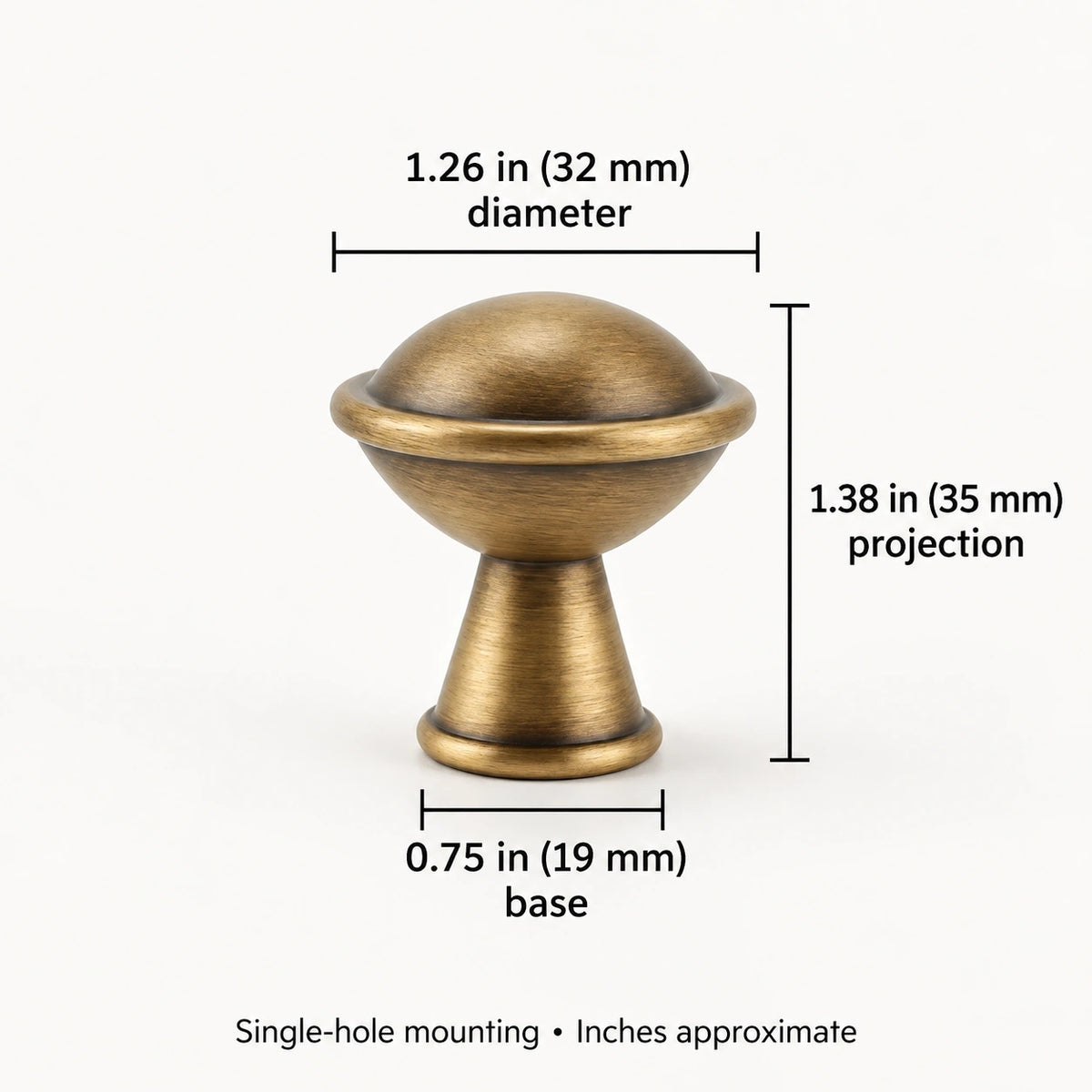 Round antique brass knob dimensions: 1.26 in (32 mm) diameter