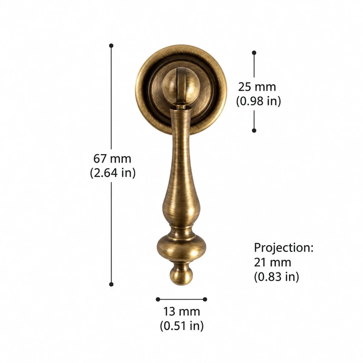 Pendant Pull — 2.64″ (67 mm) Length dimension chart in inches and mm