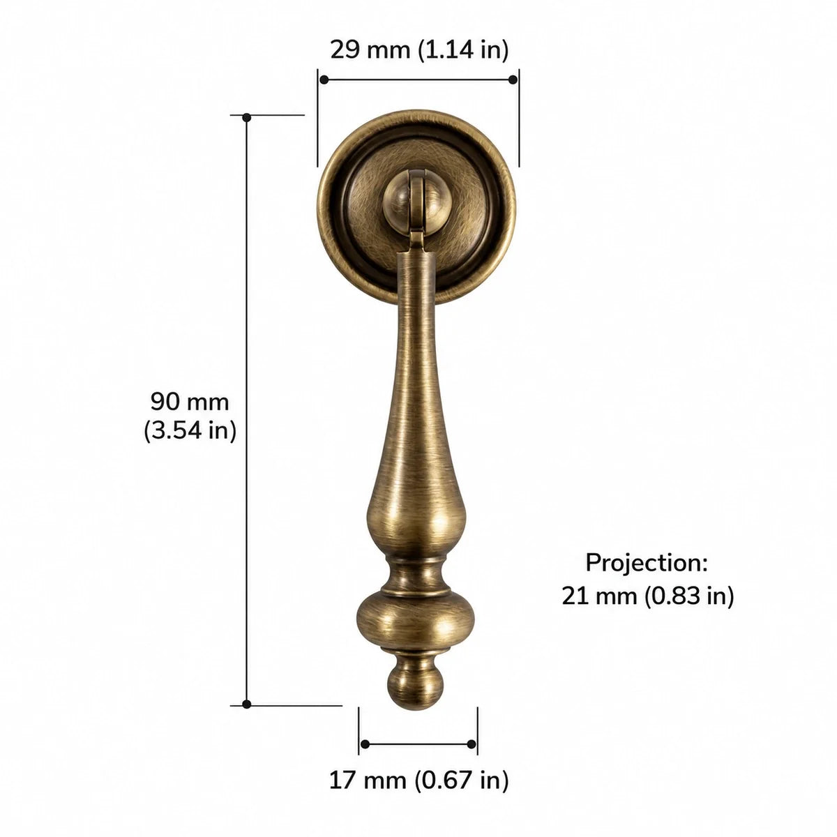 Pendant Pull — 3.54″ (90 mm) Length dimension chart in inches and mm