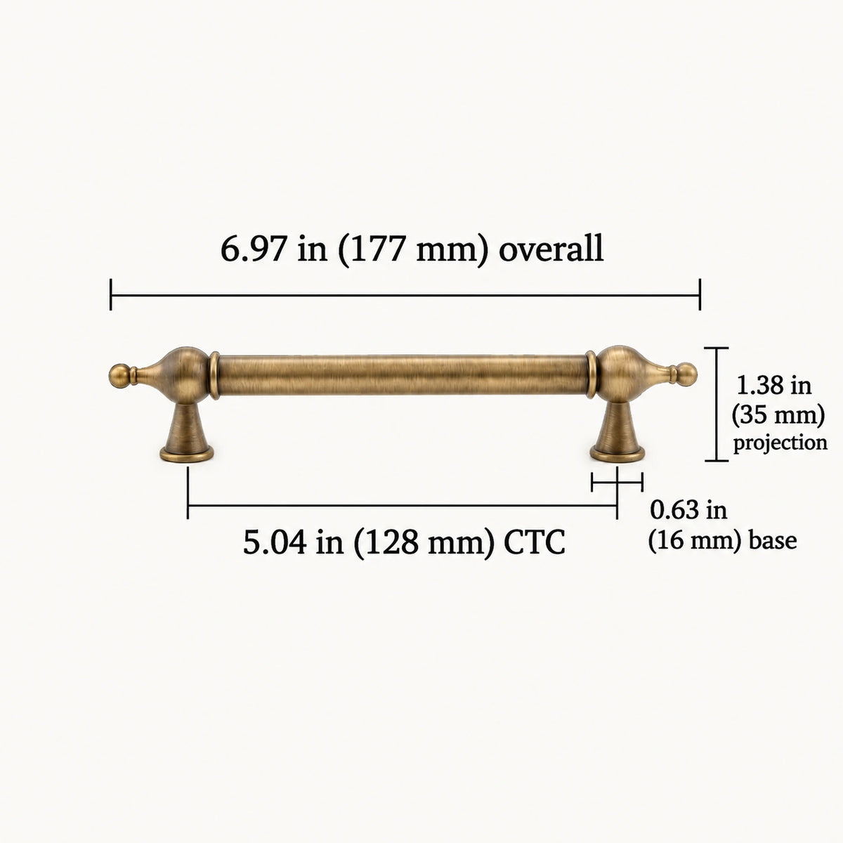 Antique brass finial pull dimensions: 5.04 in (128 mm) CTC