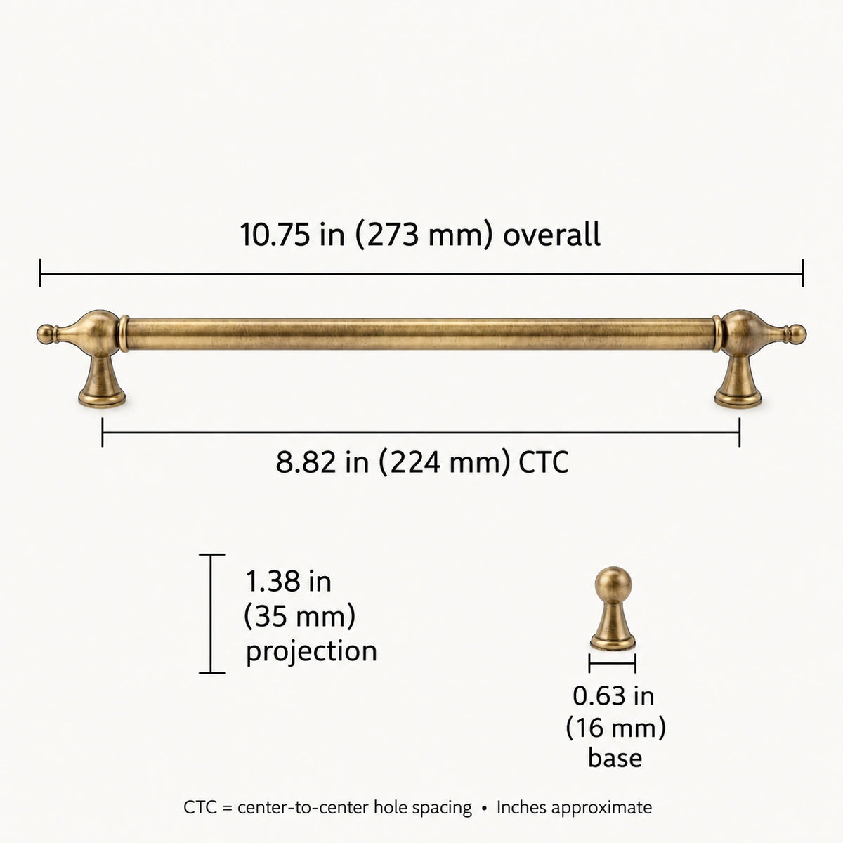 Antique brass finial pull dimensions: 8.82 in (224 mm) CTC