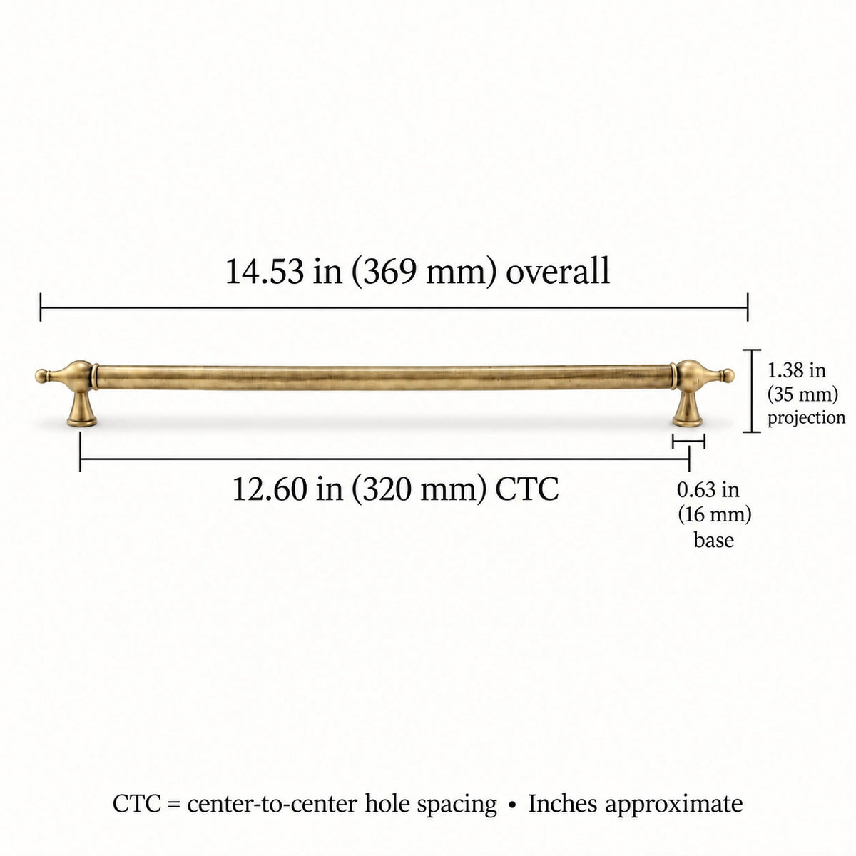 Antique brass finial pull dimensions: 12.60 in (320 mm) CTC