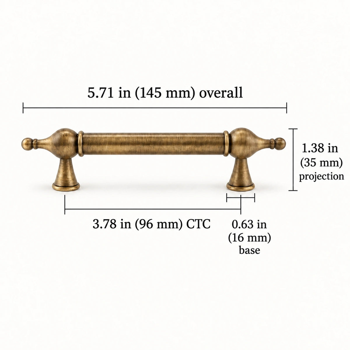 Antique brass finial pull dimensions: 3.78 in (96 mm) CTC