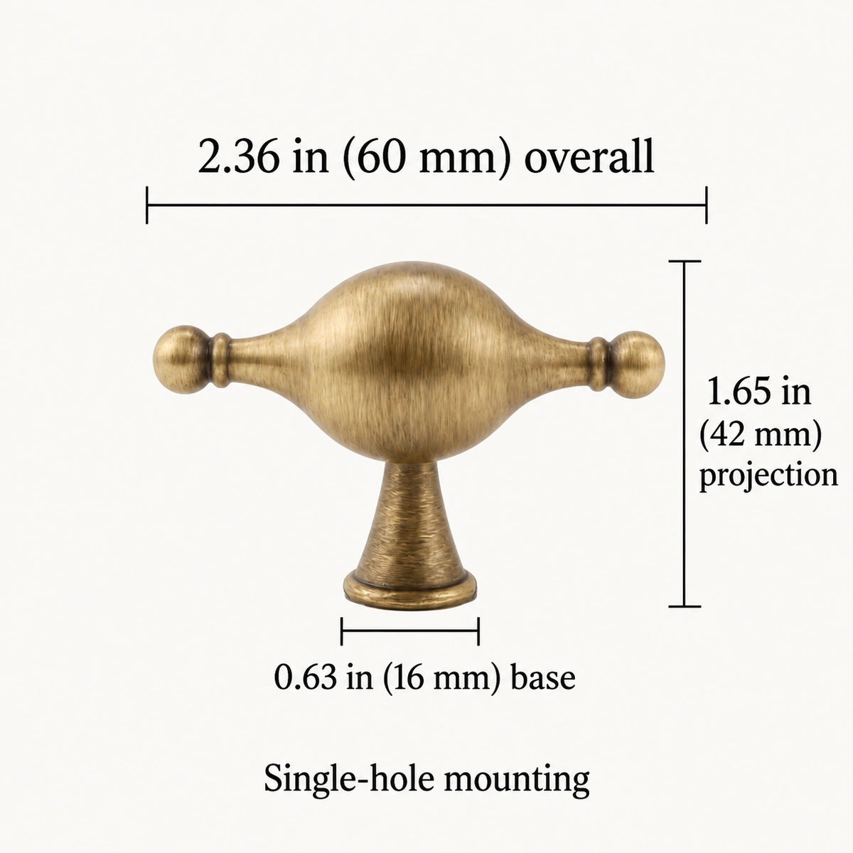 Antique brass T-knob dimensions: 2.36 in (60 mm) overall length