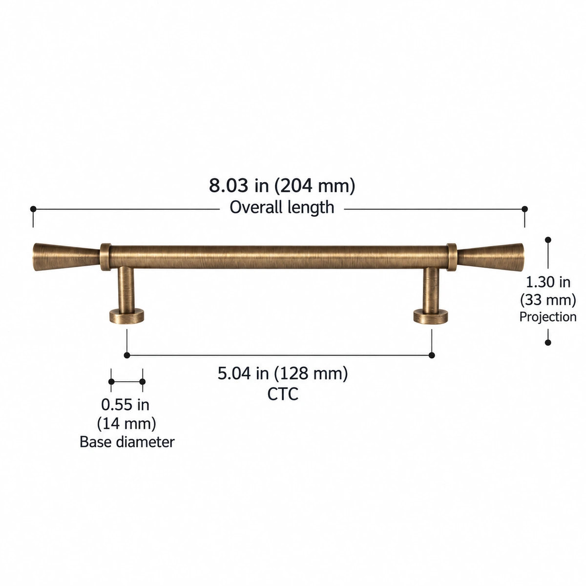 Flared antique brass cabinet pull, 5.04 inch (128 mm) CTC, with dimensions