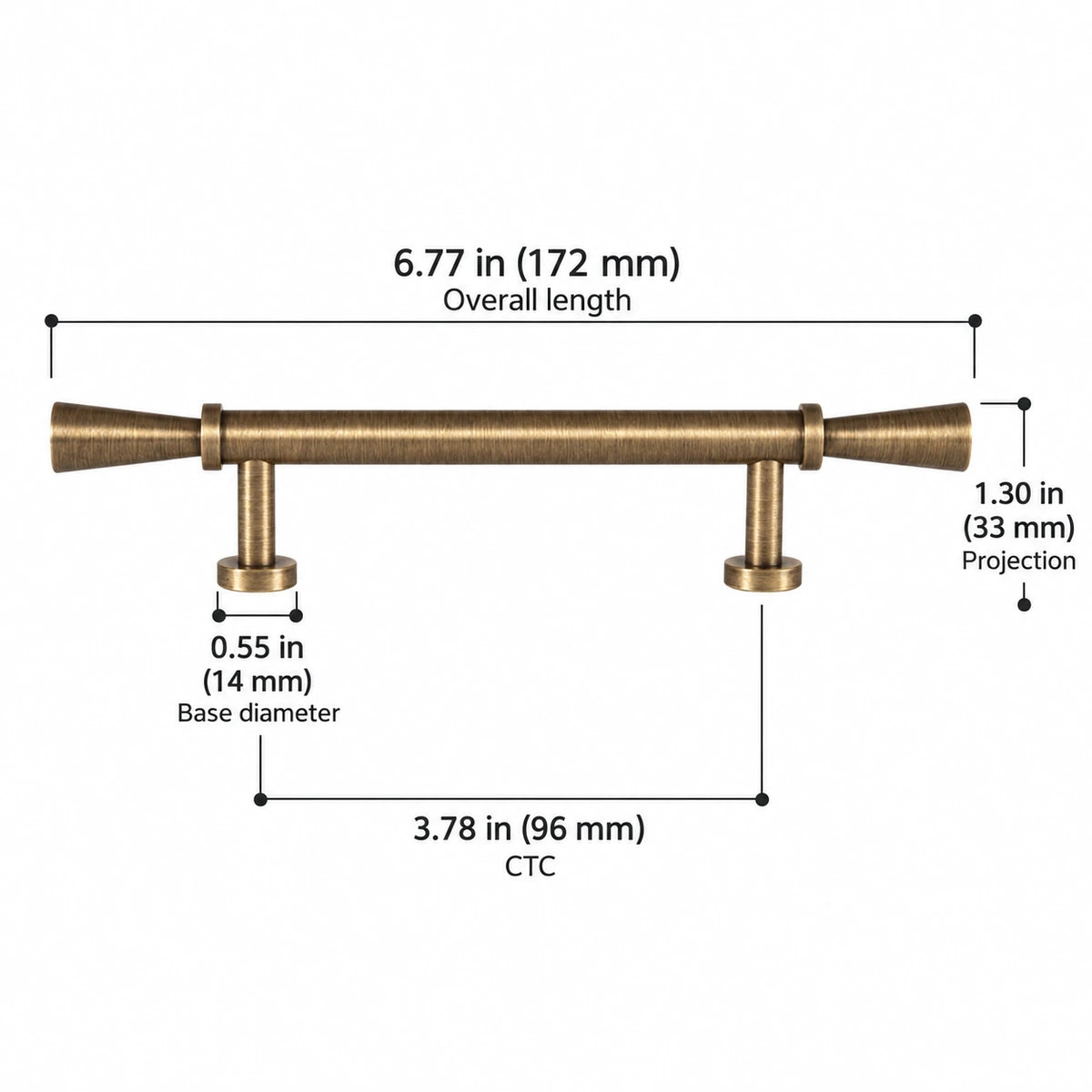 Flared antique brass cabinet pull, 3.78 inch (96 mm) CTC, with dimensions