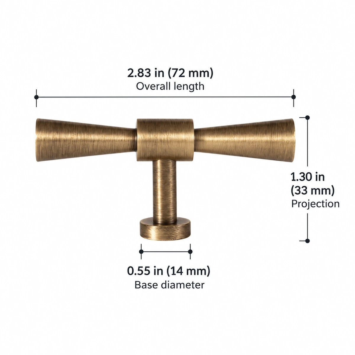 Flared antique brass T-knob, 2.83 inch (72 mm) length, with dimensions