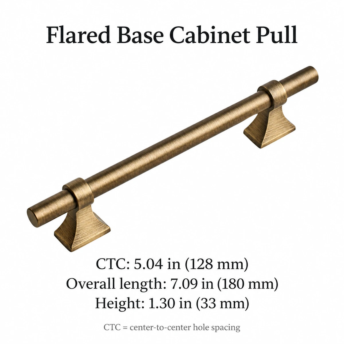 Antique brass flared base pull dimensions: 128 mm CTC, 180 mm long, 33 mm high, with inch conversions