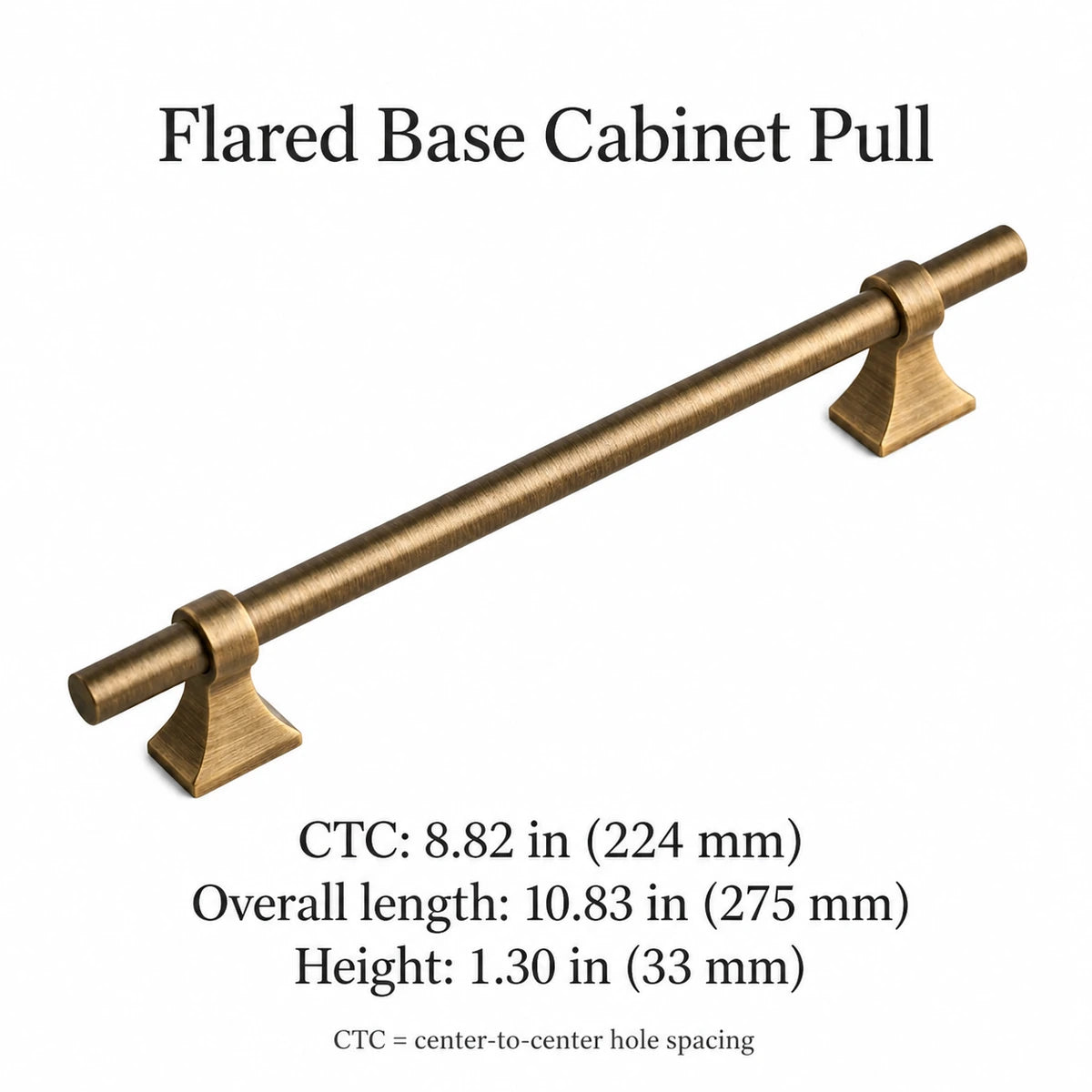 Antique brass flared base pull dimensions: 224 mm CTC, 275 mm long, 33 mm high, with inch conversions