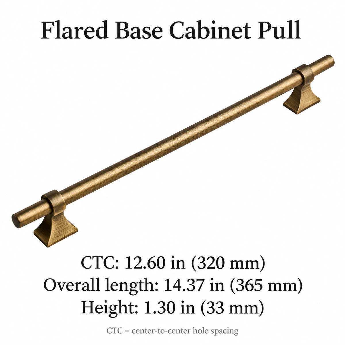 Antique brass flared base pull dimensions: 320 mm CTC, 365 mm long, 33 mm high, with inch conversions