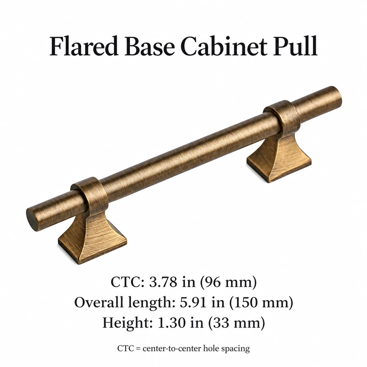Antique brass flared base pull dimensions: 96 mm CTC, 150 mm long, 33 mm high, with inch conversions