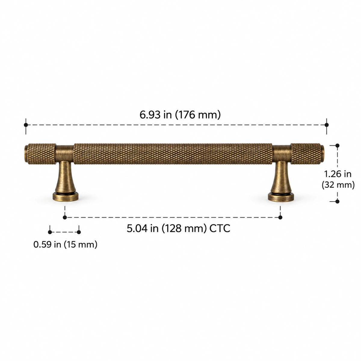 Antique brass knurled cabinet pull, 5.04 in (128 mm) CTC, with overall length and projection dimensions