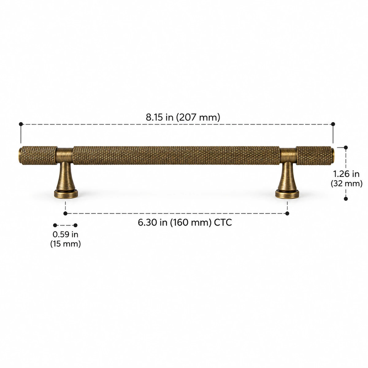 Antique brass knurled cabinet pull, 6.30 in (160 mm) CTC, with overall length and projection dimensions