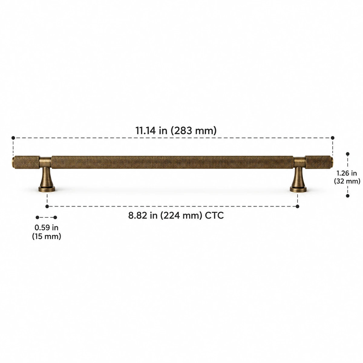 Antique brass knurled cabinet pull, 8.82 in (224 mm) CTC, with overall length and projection dimensions