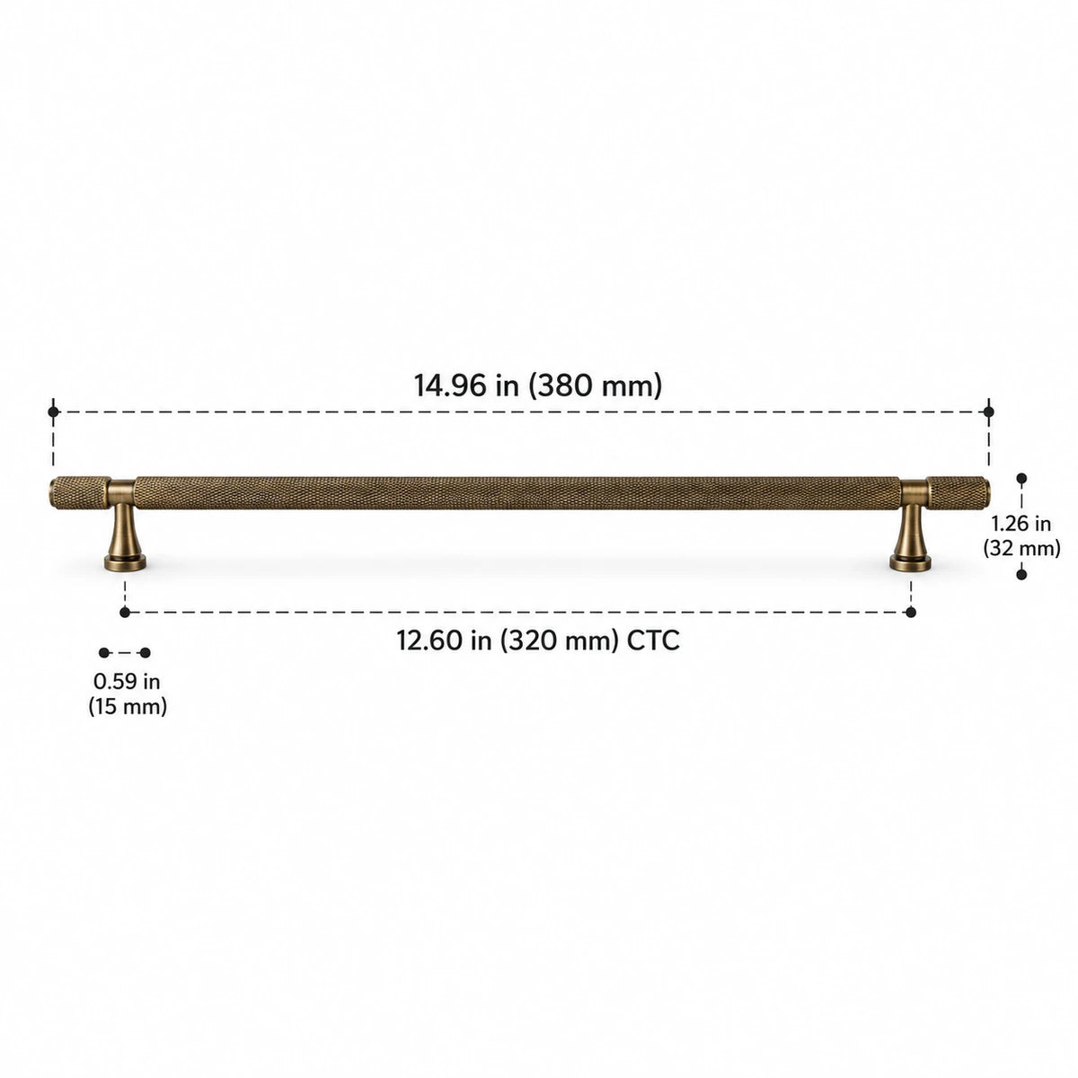 Antique brass knurled cabinet pull, 12.60 in (320 mm) CTC, with overall length and projection dimensions