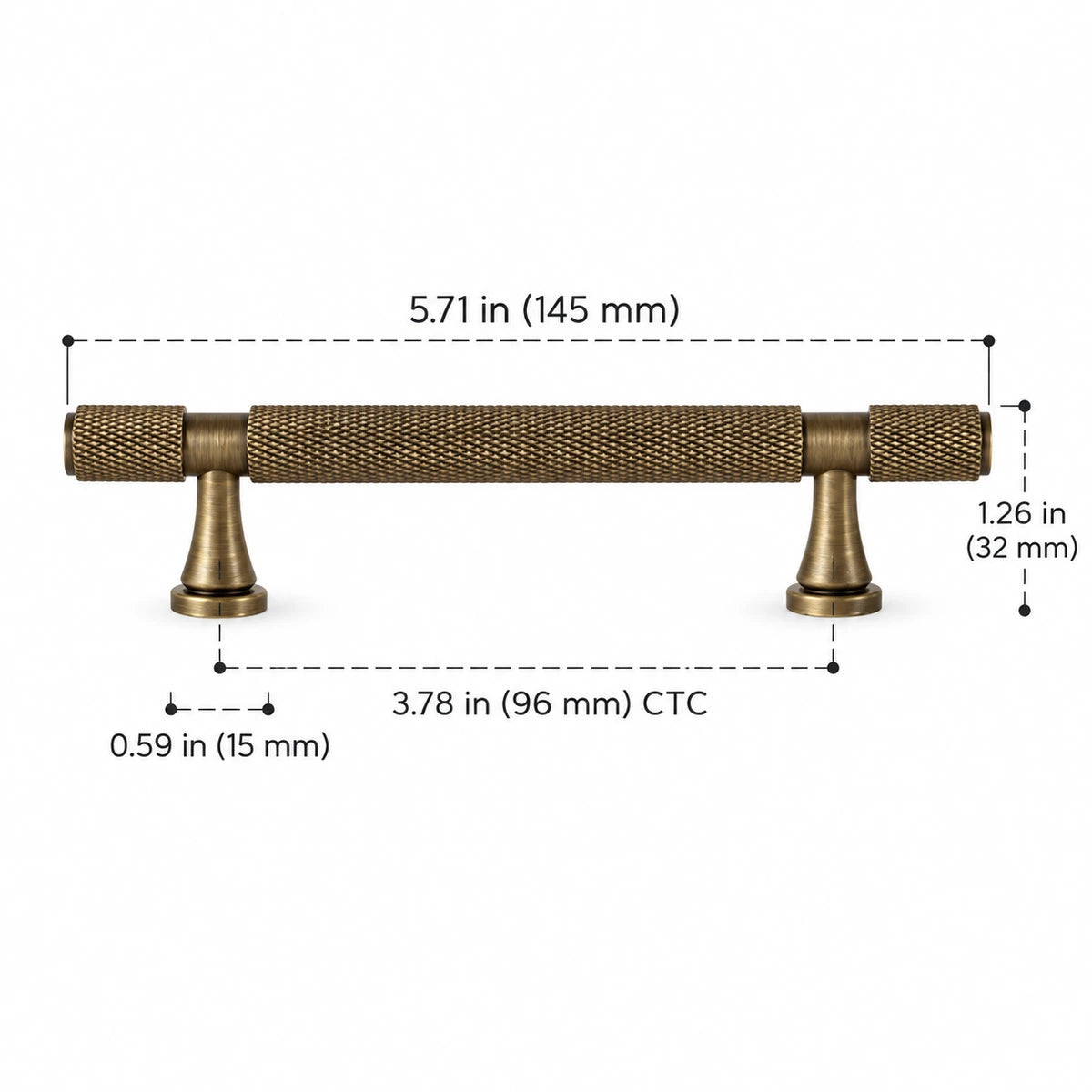Antique brass knurled cabinet pull, 3.78 in (96 mm) CTC, with overall length and projection dimensions