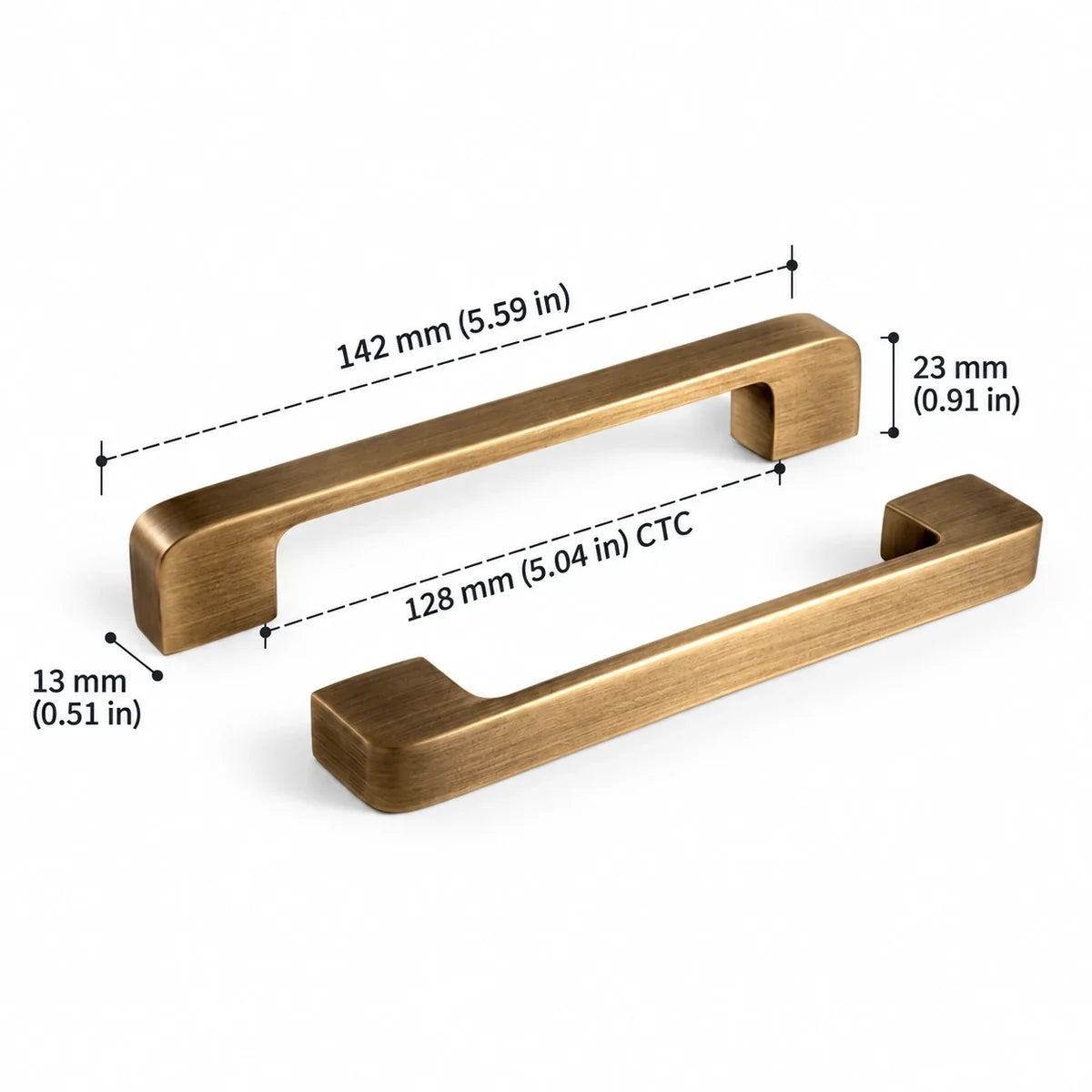 Flat Pull — 5.04″ (128 mm) CTC in antique brushed brass, dimensions in inches and mm