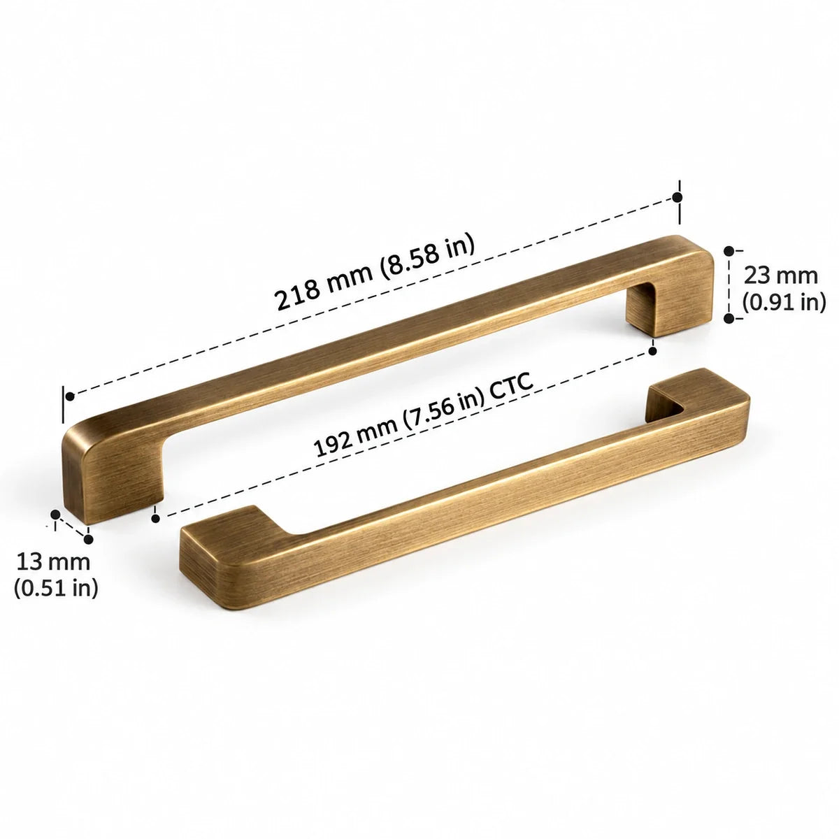 Flat Pull — 7.56″ (192 mm) CTC in antique brushed brass, dimensions in inches and mm