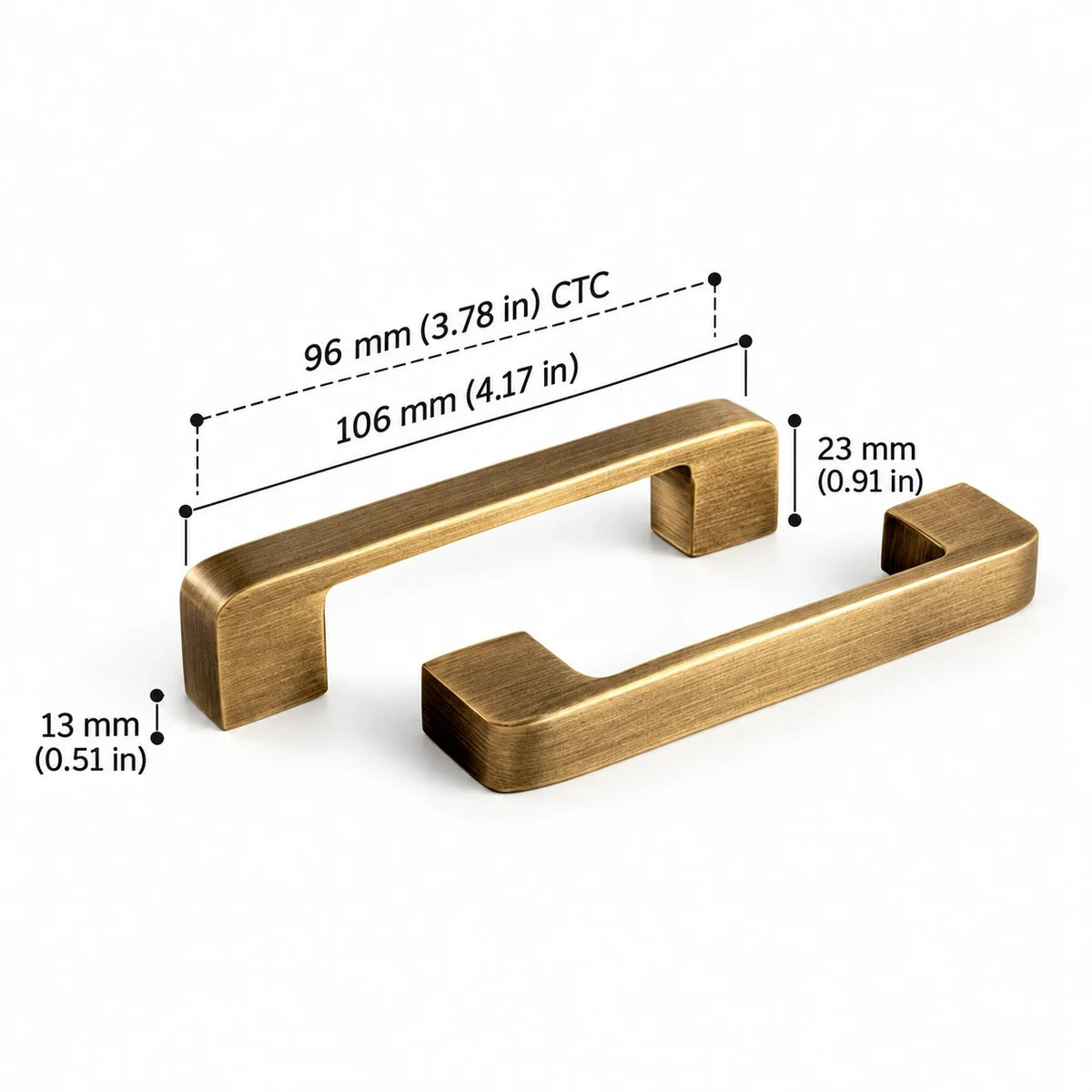 Flat Pull — 3.78″ (96 mm) CTC in antique brushed brass, dimensions in inches and mm