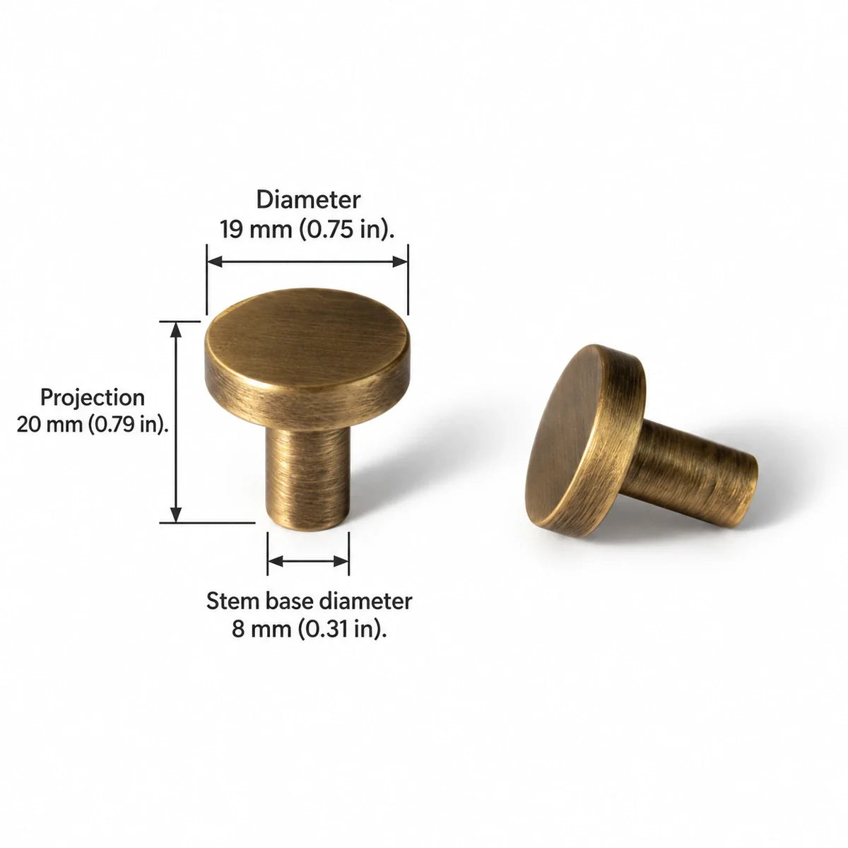 Disk Knob — 0.75″ (19 mm) Diameter in antique brushed brass, dimensions in inches and mm
