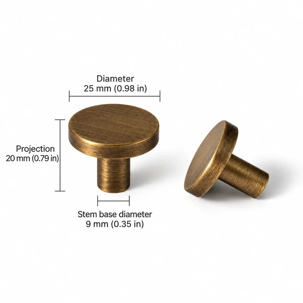 Disk Knob — 0.98″ (25 mm) Diameter in antique brushed brass, dimensions in inches and mm