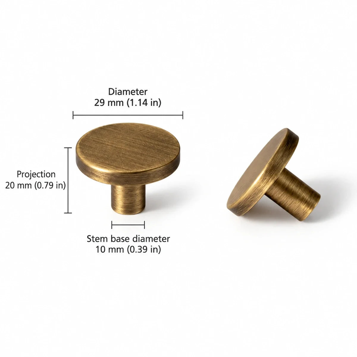 Disk Knob — 1.14″ (29 mm) Diameter in antique brushed brass, dimensions in inches and mm