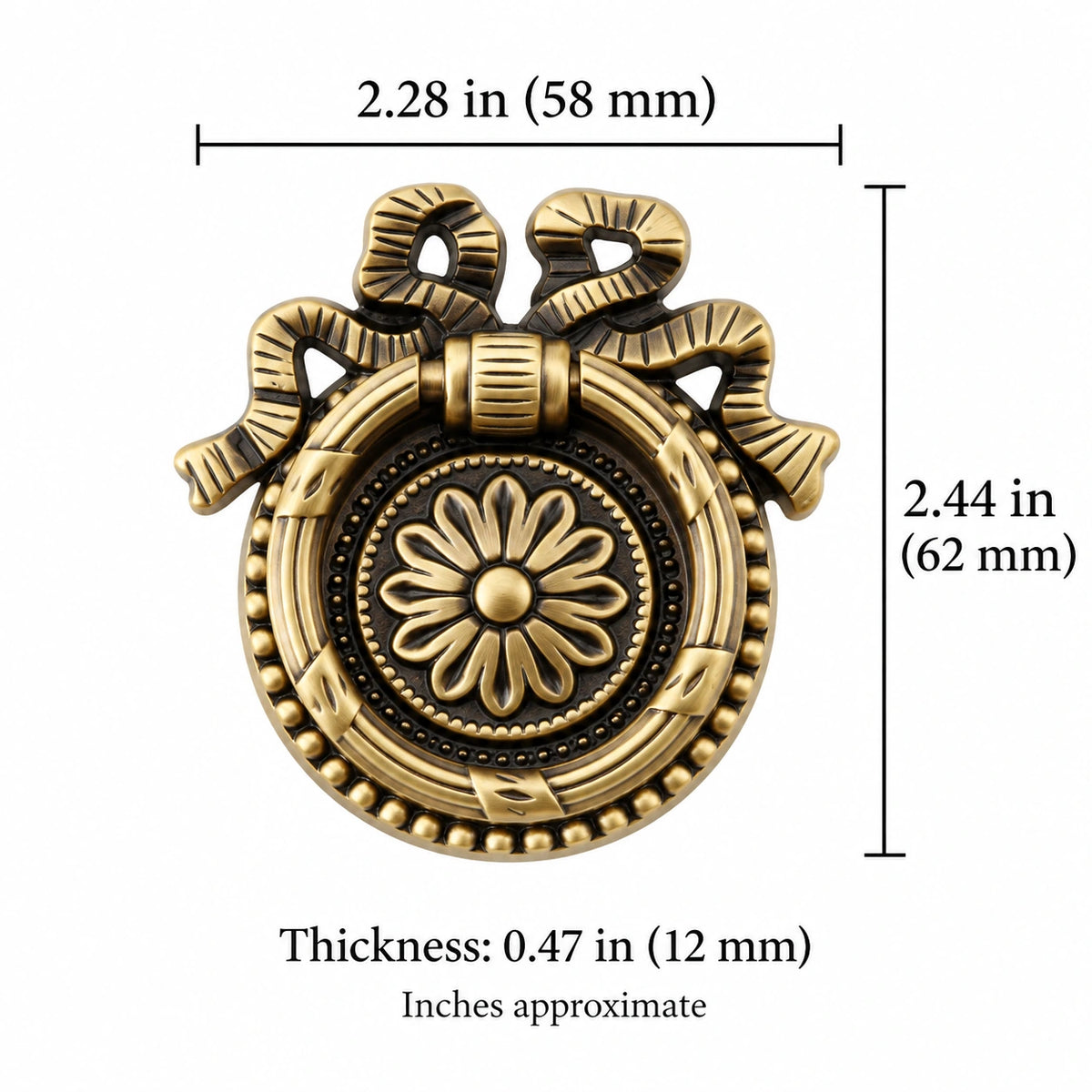 Floral ring pull measurements: 2.28 in (58 mm) wide, 2.44 in (62 mm) high and 0.47 in (12 mm) thick