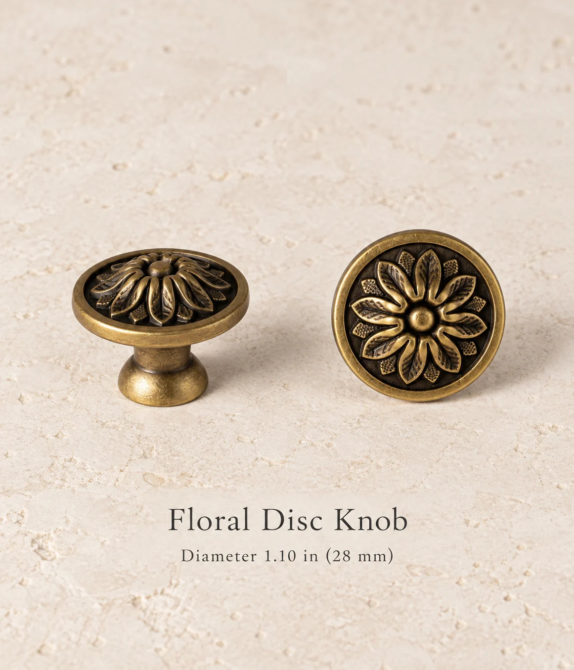 Antique brass floral disc knob, diameter 1.10 in (28 mm)